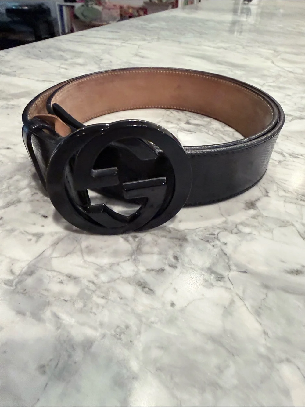 Gucci Black patent Leather Men's Belt with Interlocking G-Style Buckle
